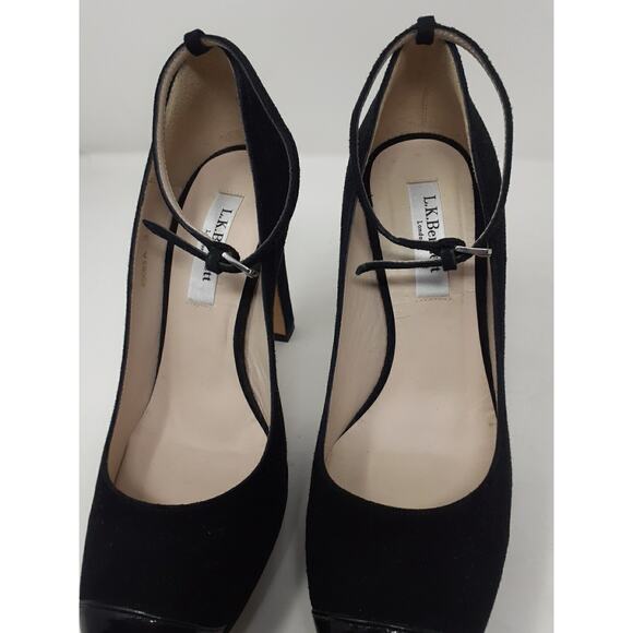 LK Bennett London Womens Shoes Size 7 Black Suede Cap Toe Ankle Strap Heels - Picture 7 of 14